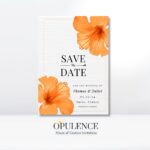 Save the Date Invitation with two beautiful orange yellow Hibiscus flowers, with simply stated invitation wording.