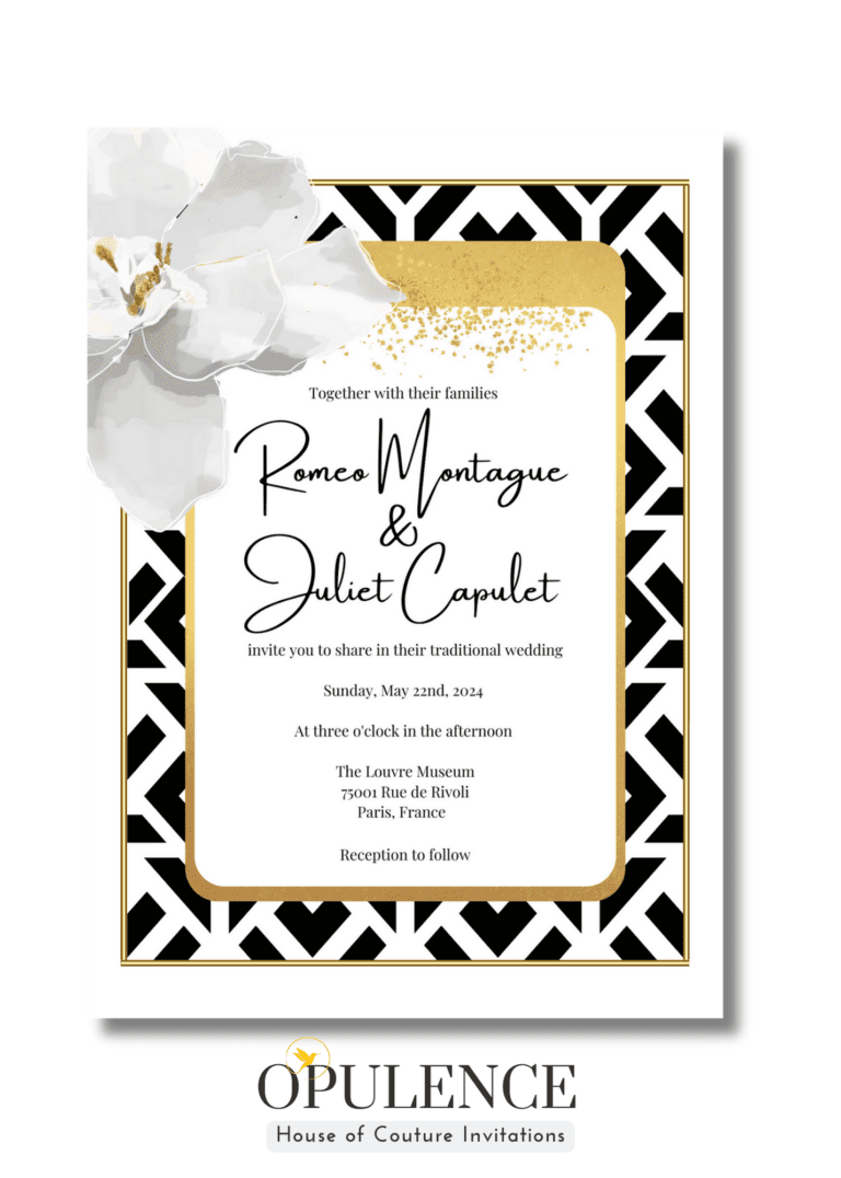 Black & White Wedding invitations with gold border.