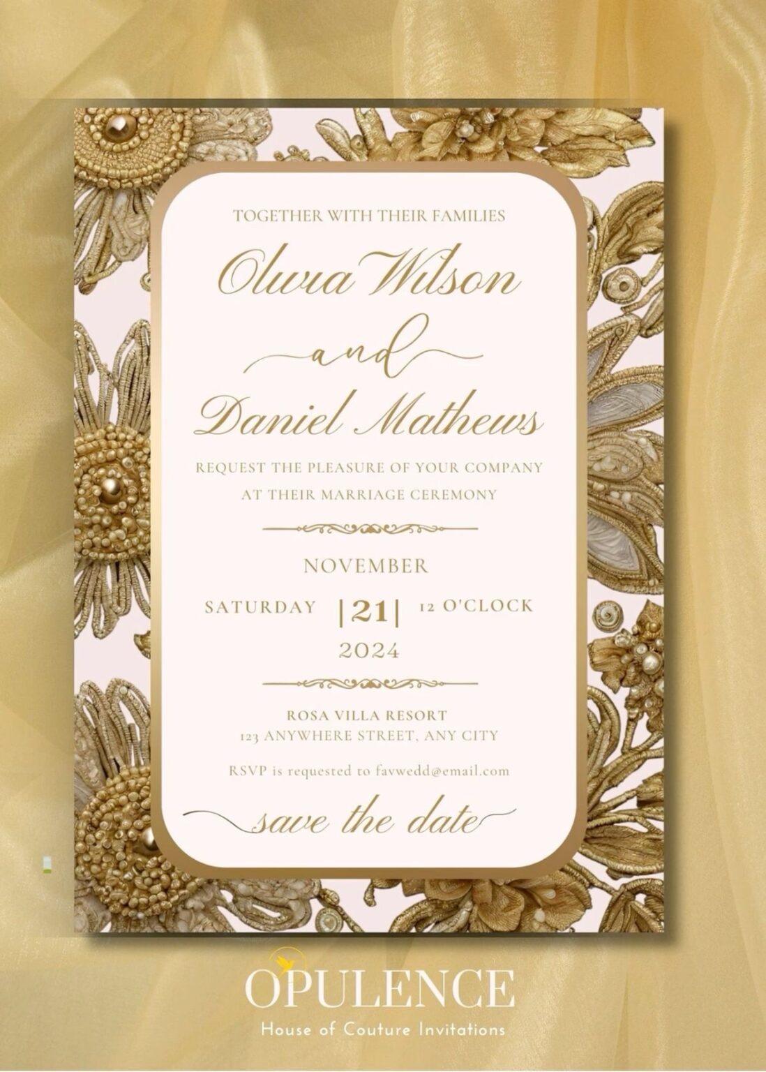 Custom golden beaded floral invitation.
