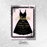 Little Black Dress Invitation Ballet pink and black lace border, with gold font